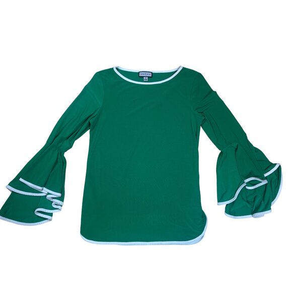 NWT Sam & Jess Green Contrast Trim Bell Sleeve Blouse XS - Picture 2 of 4